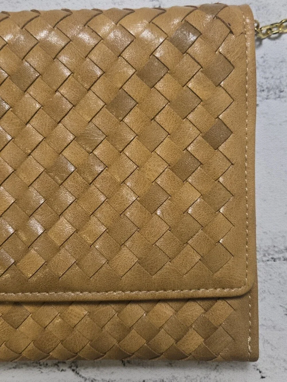 Woven Faux Leather Chain Clutch Crossbody Purse Tan Boho Shoulder Bag